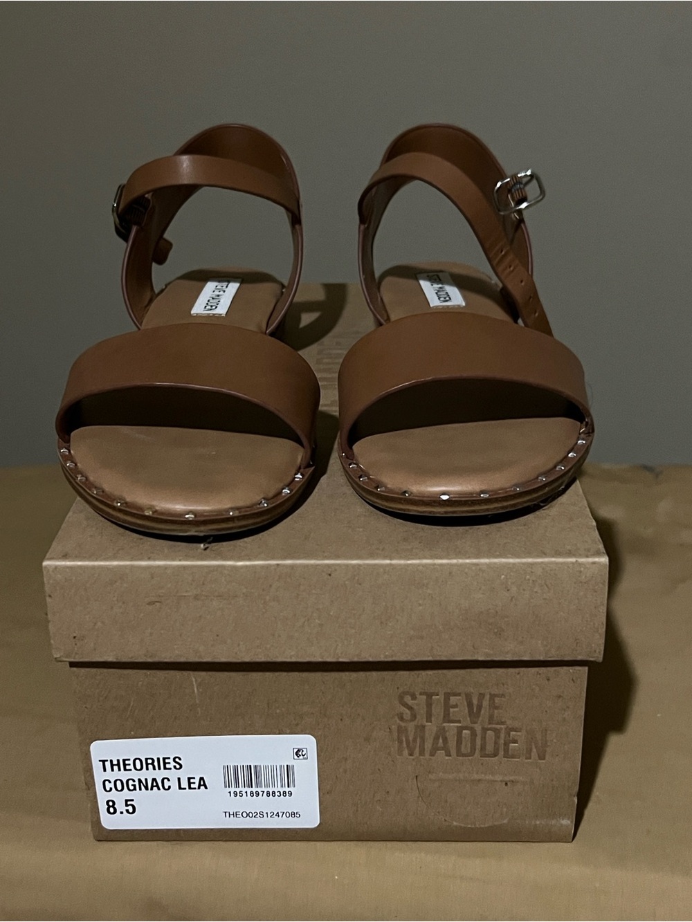 Steve Madden Cognac Leather Stud-Trim Ankle Strap Sandals